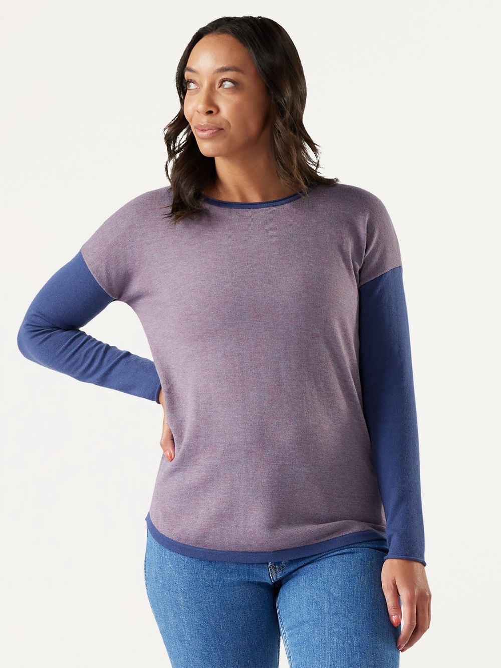 Smartwool Women’s Shadow Pine Colorblock Sweater in Chalk Violet Heather Small